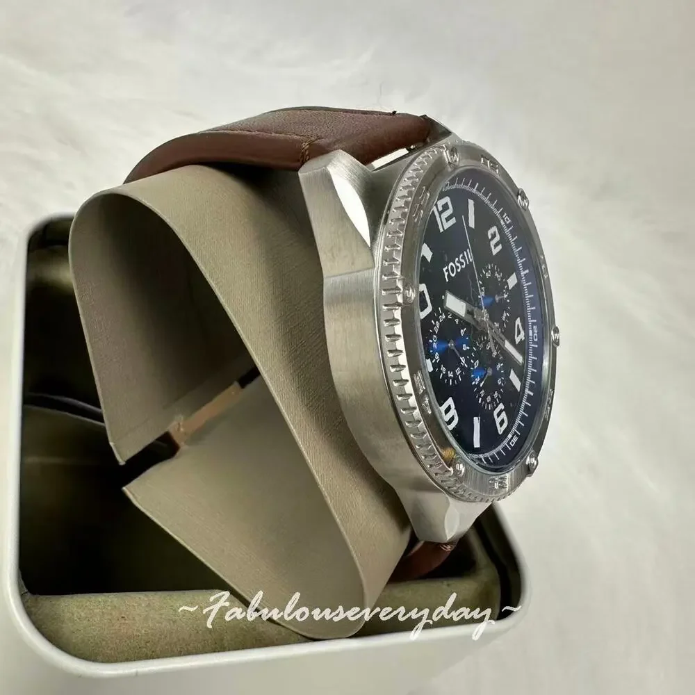 FOSSIL Men's Brox Multifunction Brown Leather Watch 50mm Blue BQ2799 NWT